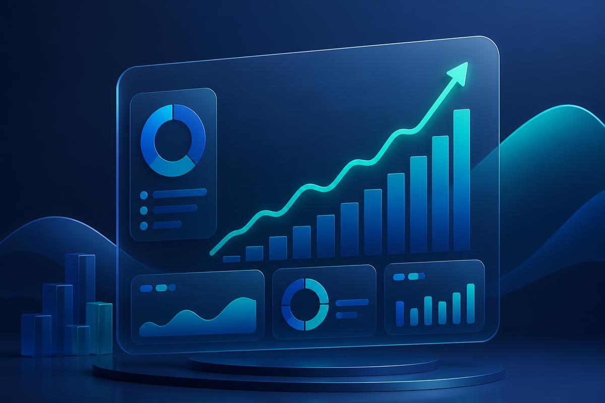 Dashboard ilustrativo mostrando gráficos de crescimento em tons de azul oceano e verde-água